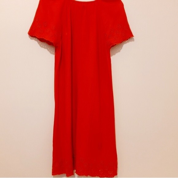 Old Navy Eyelet Hem Flutter Sleeves Drop Waist Boho Shift Red Orange Dress S/P - Picture 6 of 13